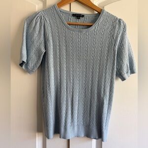 Adrianna Papell Light Blue Patterned Short Sleeve Thin Sweater Blouse